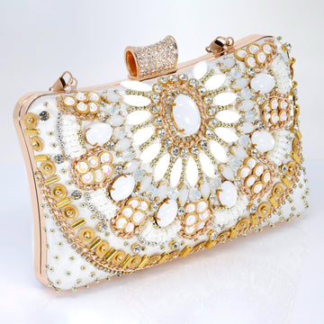 White Gold Floral Wedding Bag, Statement Bag, Evening Wedding Clutch, Bridal Clutch, Bridal Cross body bag.